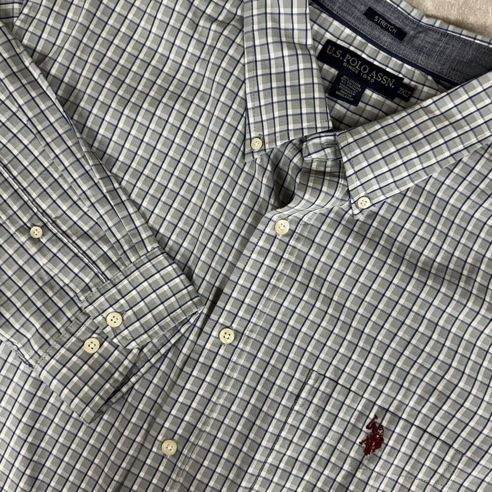 U.S. Polo Association Men's Long Sleeve 2XLT Shirt‎ Stretch  Gray Blue Check